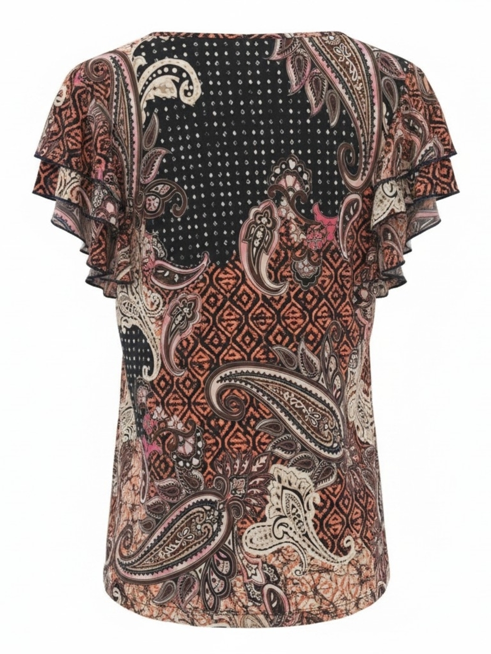 Cocomo Paisley V-Neck Flutter Sleeve Top - Black, Brown, Pink, Cream - Picture 2 of 4